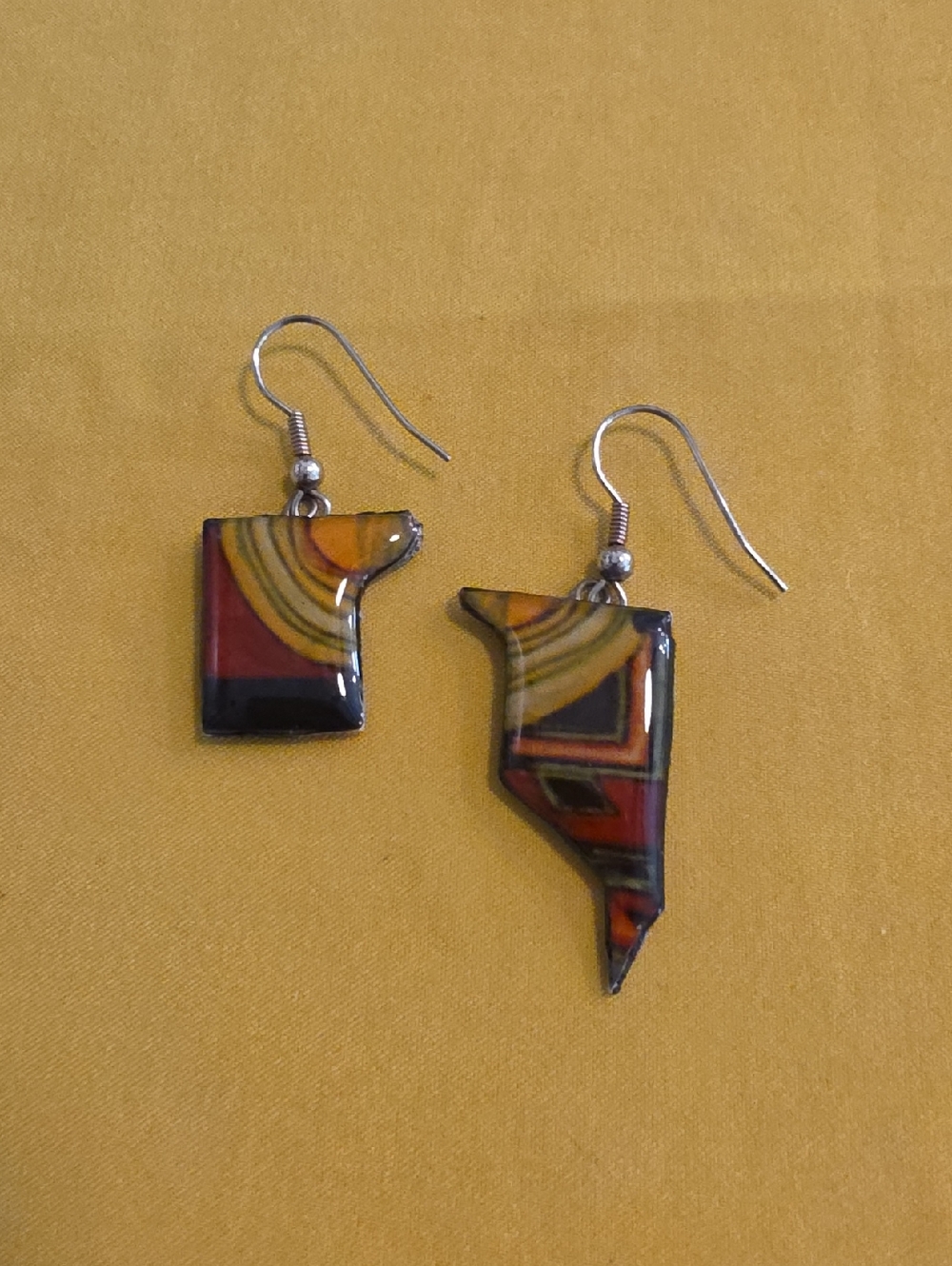 Vintage Multi-Color Resin Drop Earrings - Brown & Yellow Tones - w/ French Hooks